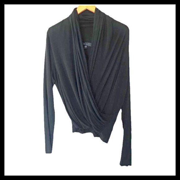 Karen Kane Black Wrap Top L Large Kinit Rayon Blend Blouse - Picture 1 of 12